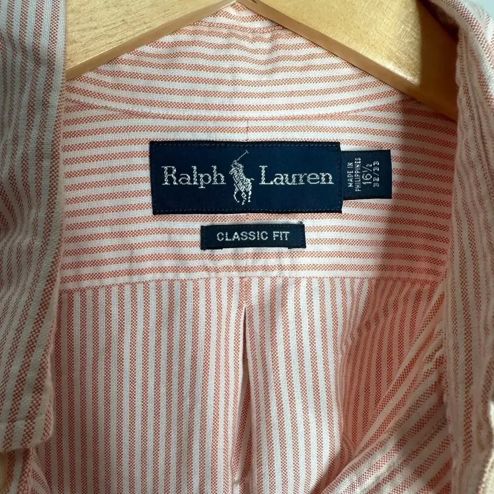 Ralph Lauren Button Down Mens‎ 16.5 32/33 Pink Stripe Classic Fit Cotton Shirt
